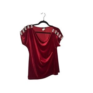 MSK Women's Red Velvet Rhinestone Shoulder Top Size M Party Glam Holiday‎